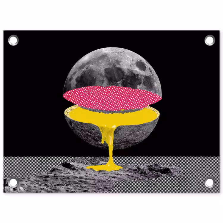 Maan - Geel - Roze - Zwart tuinposter los doek klein -3d