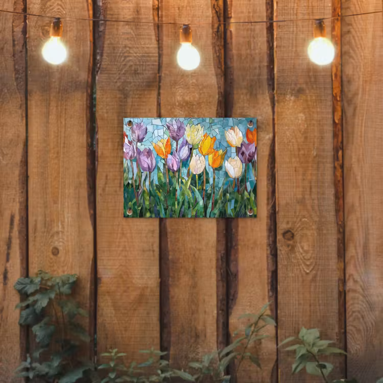 Mozaïek - Veld - Tulpen - Kleurrijk tuinposter los doek klein -sfeer1