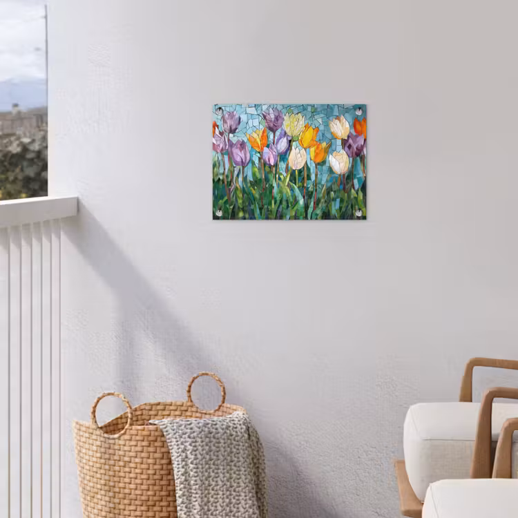 Mozaïek - Veld - Tulpen - Kleurrijk tuinposter los doek klein -sfeer8