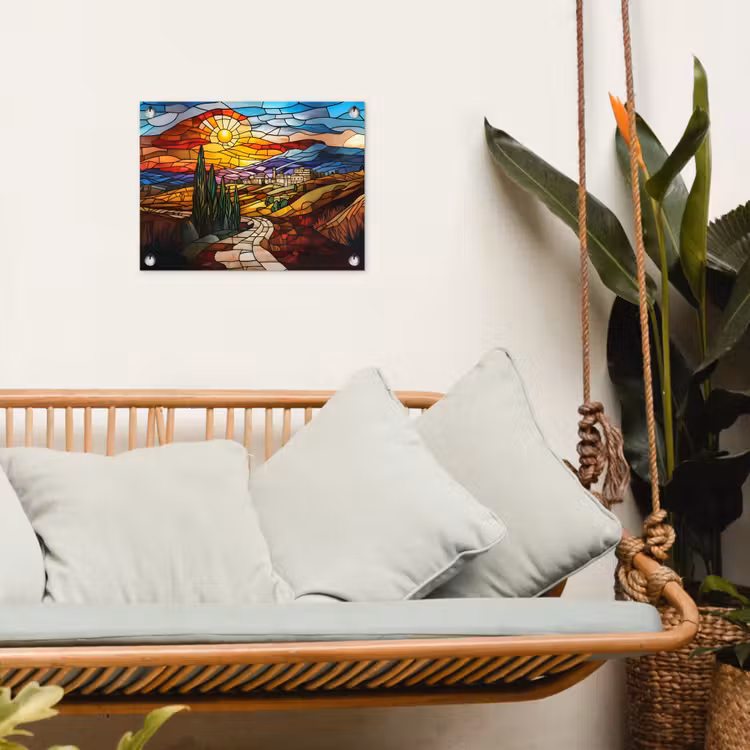 Mozaïek - Zon - Landschap - Dorp tuinposter los doek klein -sfeer7