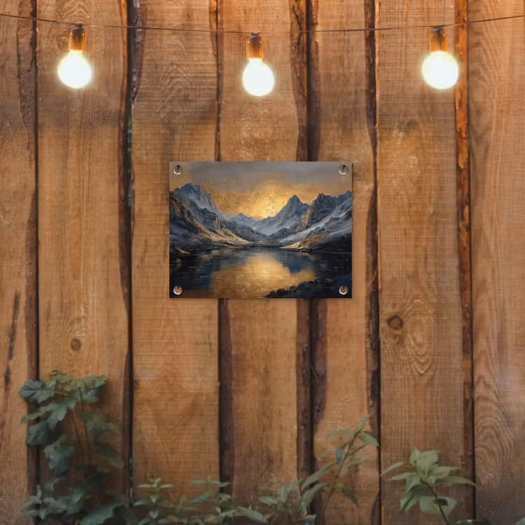 Berglandschap met Gouden Zonsondergang tuinposter los doek klein -sfeer1