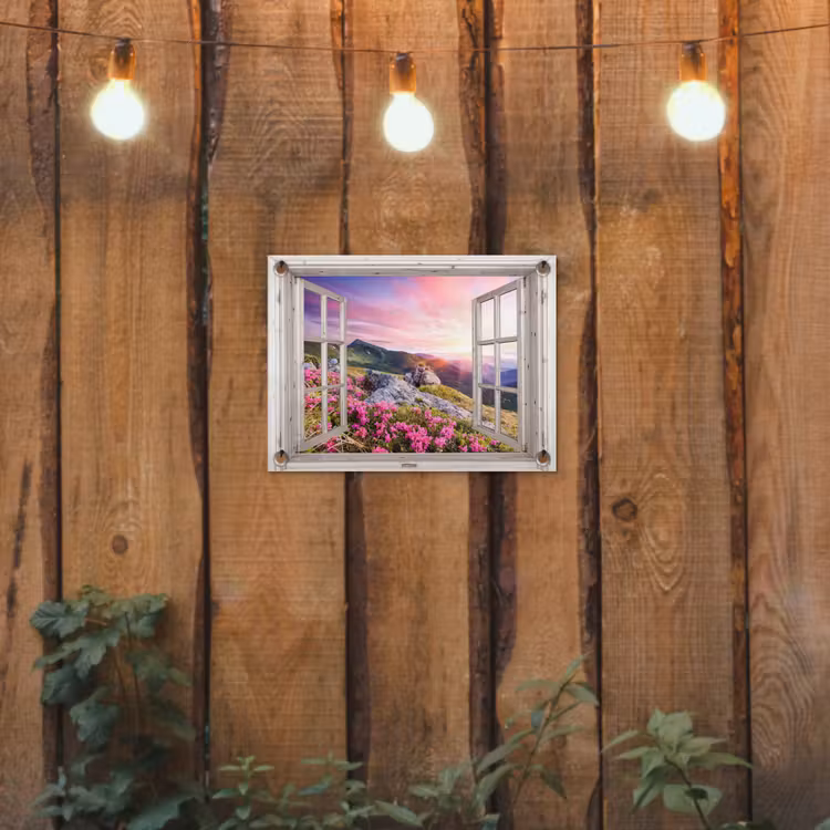 Bergen - Landschap - Doorkijk - Bloemen - Avond - Roze tuinposter los doek klein -sfeer1