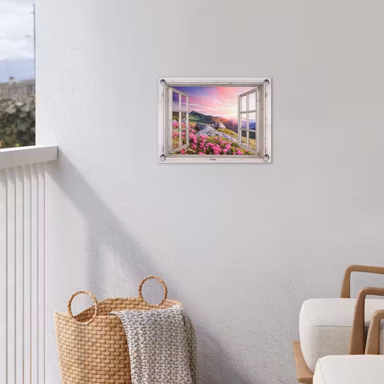 Bergen - Landschap - Doorkijk - Bloemen - Avond - Roze tuinposter los doek klein -sfeer8