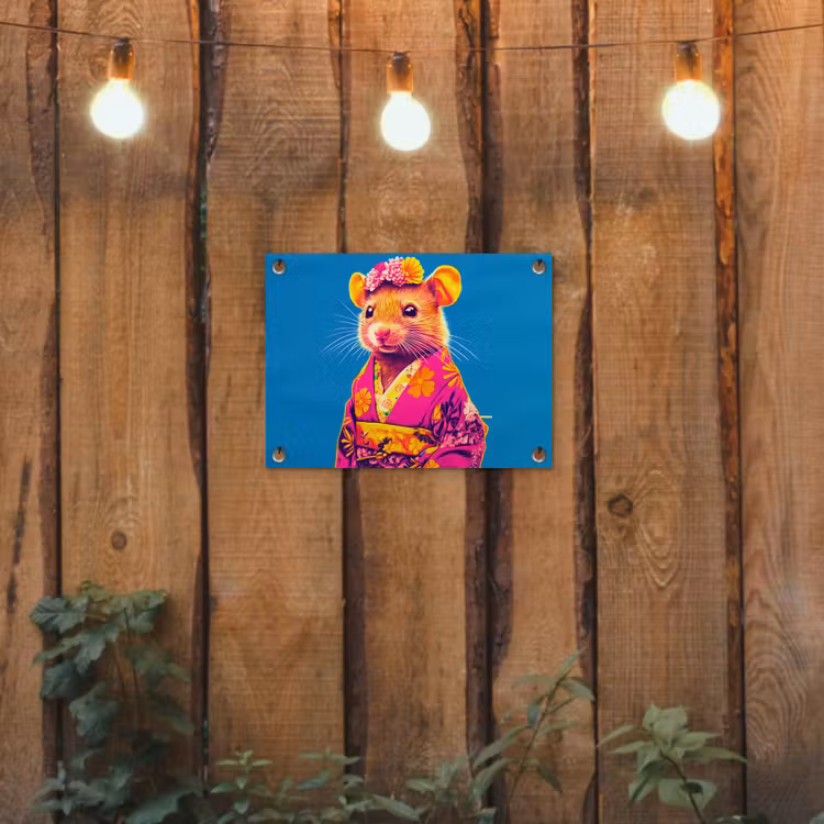Muis - Kimono - Bloemen - Blauw tuinposter los doek klein -sfeer1