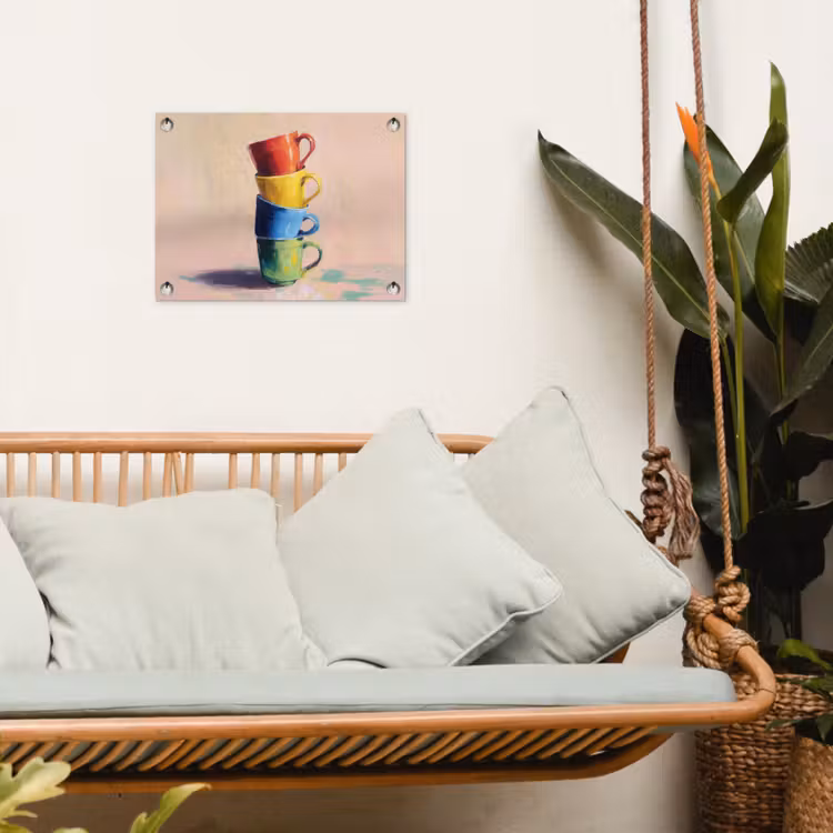 Mokken - Gestapeld - Keramiek - Kleurrijk tuinposter los doek klein -sfeer7