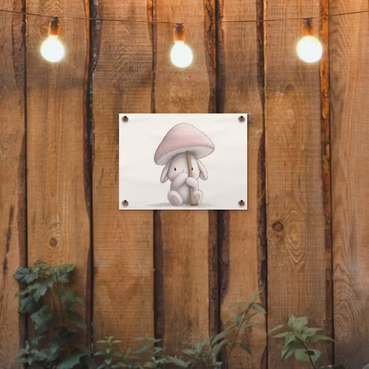 Paddenstoel - Konijn - Roze tuinposter los doek klein -sfeer1