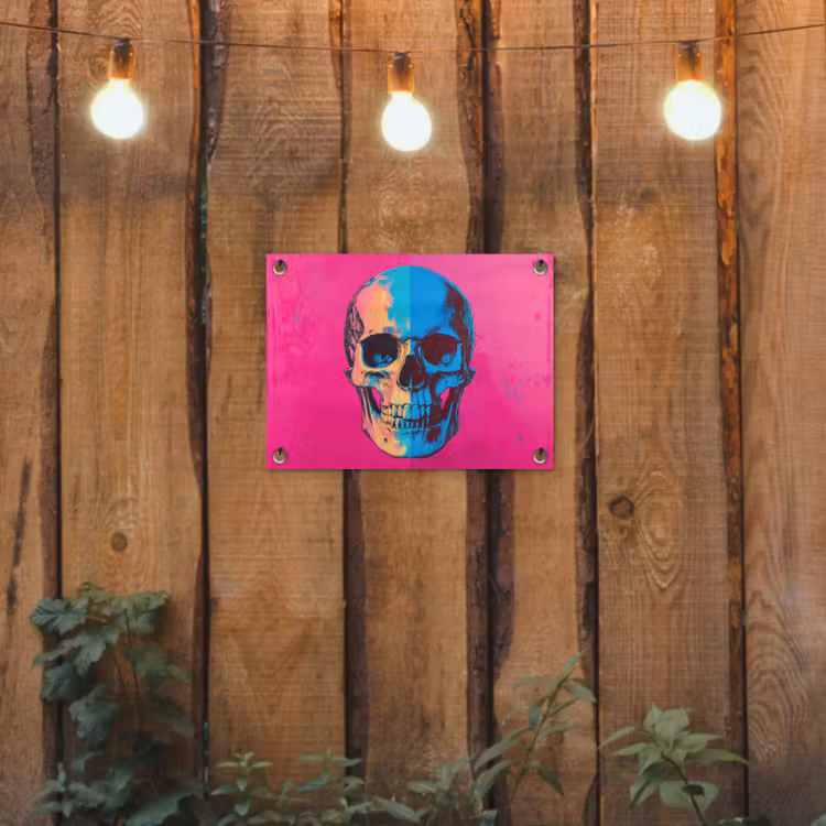 Neon - Blauw - Pop-art - Schedel tuinposter los doek klein -sfeer1