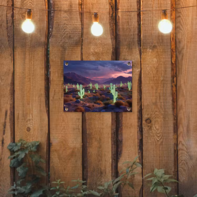 Neon cactussen - Woestijn - Zonsondergang tuinposter los doek klein -sfeer1