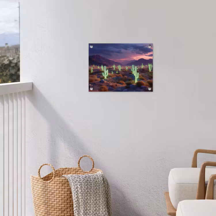 Neon cactussen - Woestijn - Zonsondergang tuinposter los doek klein -sfeer8