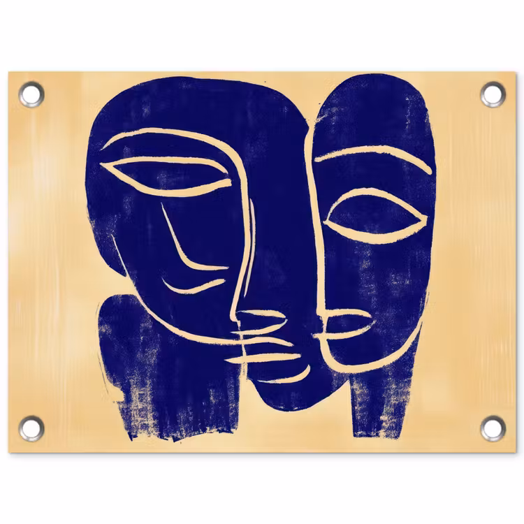Okergeel - Blauw - Eenvoudige lijnen tuinposter los doek klein -3d