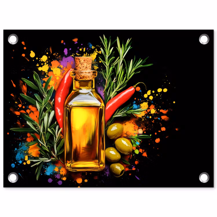 Olijfolie - Graffiti - Peper - Olijven - Modern tuinposter los doek klein -3d