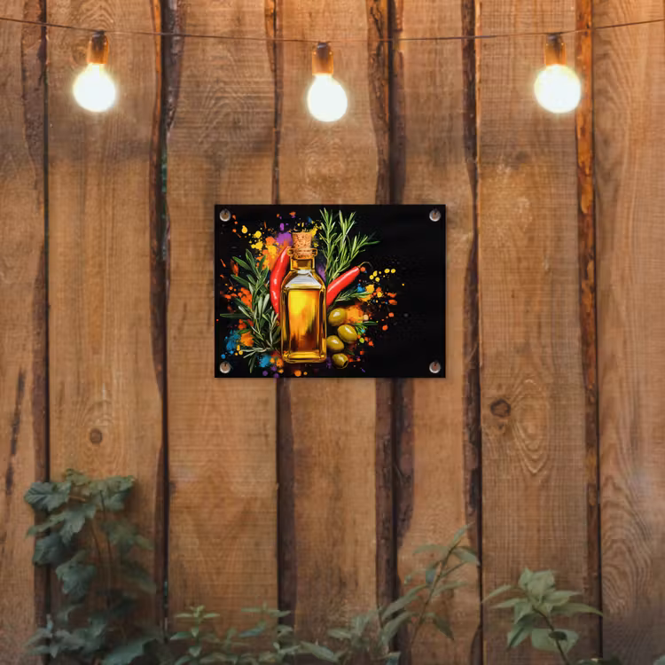 Olijfolie - Graffiti - Peper - Olijven - Modern tuinposter los doek klein -sfeer1