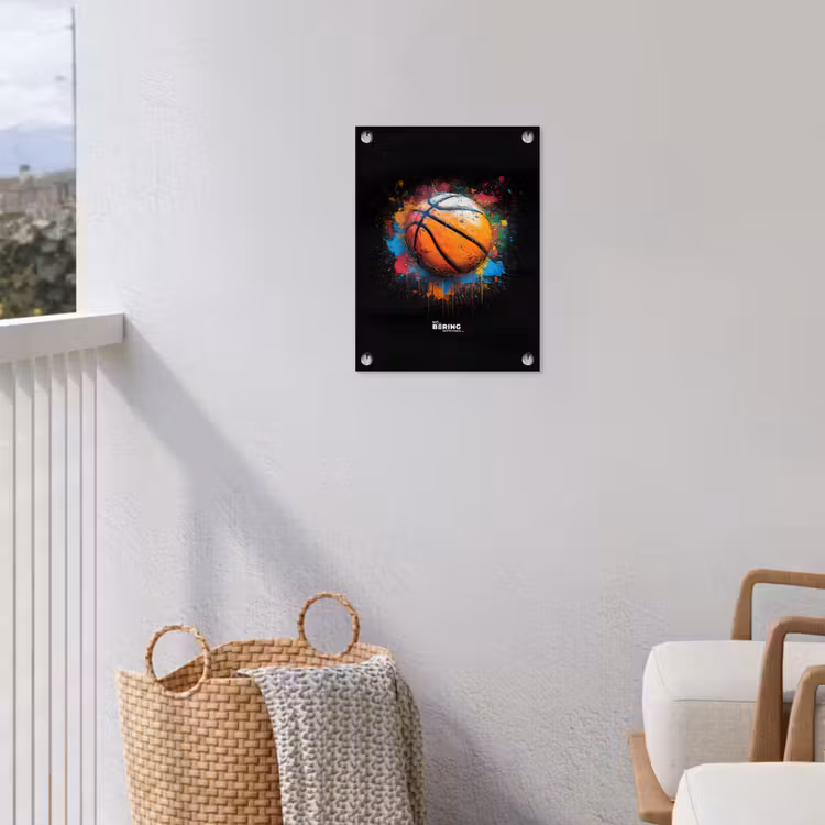 Oranje basketbal te midden van verfspetters tuinposter los doek klein -sfeer8