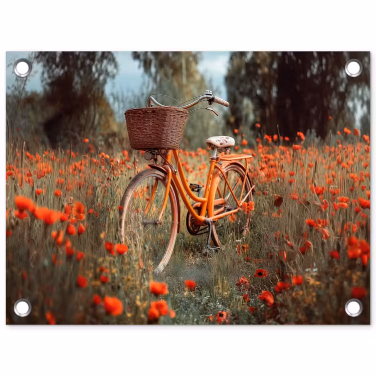 Oranje fiets - Klaprozen - Bomen tuinposter los doek klein -3d