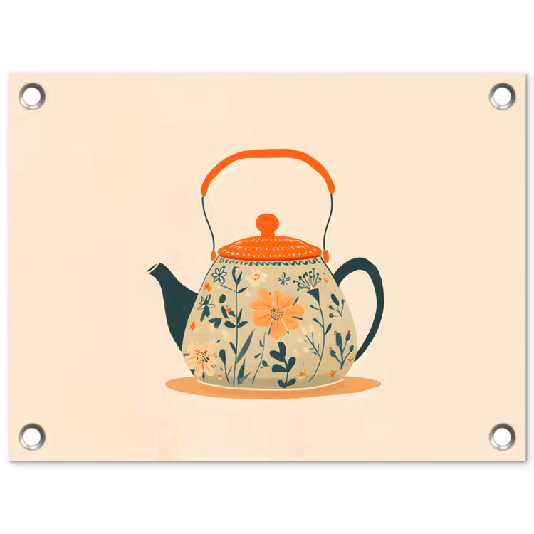 Oranje - Theepot - Bloemen - Bladeren tuinposter los doek klein -3d