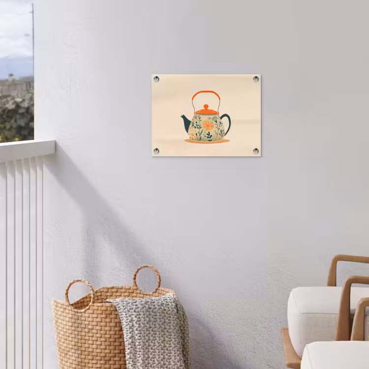 Oranje - Theepot - Bloemen - Bladeren tuinposter los doek klein -sfeer8