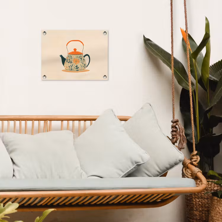 Oranje - Theepot - Bloemen - Bladeren tuinposter los doek klein -sfeer7