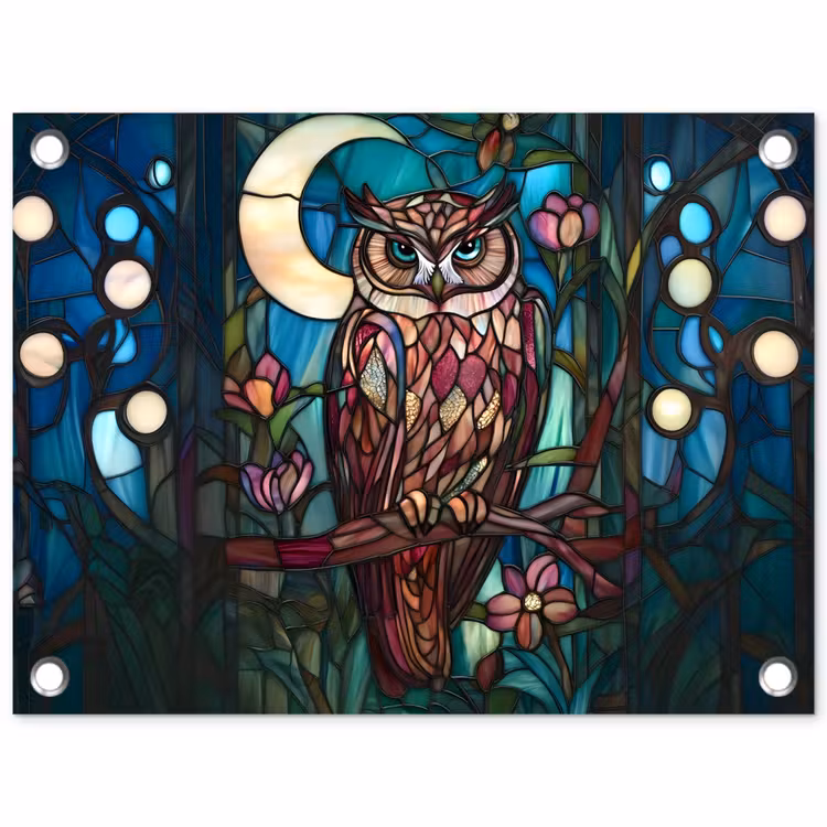 Uil - Mozaïek - Maan - Nacht tuinposter los doek klein -3d