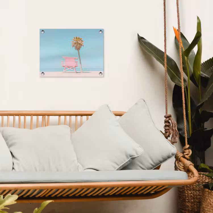 Palmboom - Strandhuis - Roze tuinposter los doek klein -sfeer7