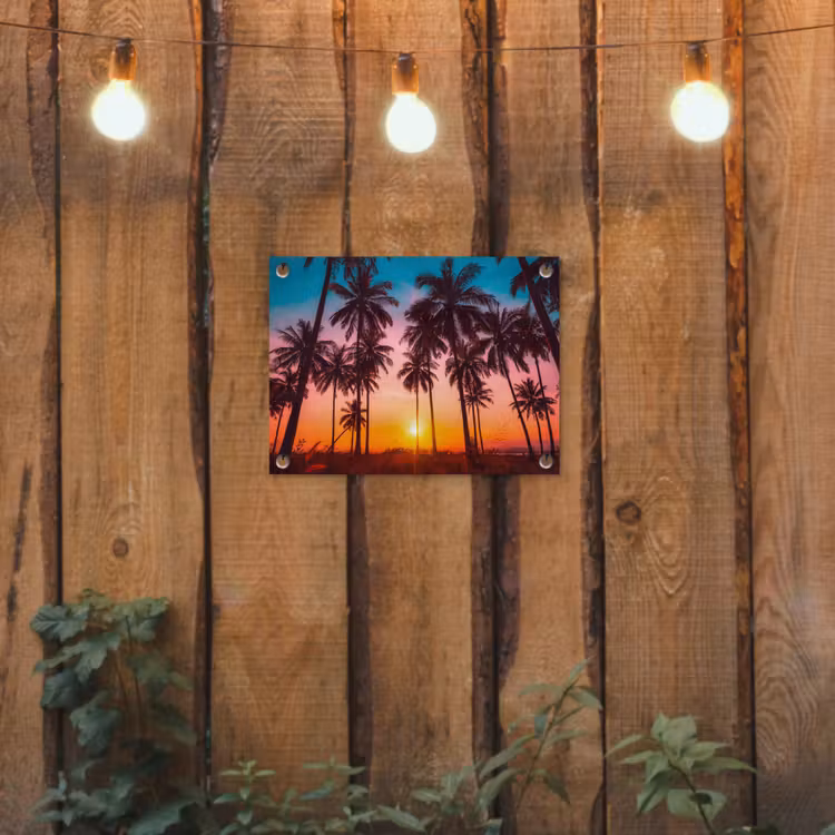 Palmboom - Zonsondergang - Horizon - Strand - Oranje - Roze tuinposter los doek klein -sfeer1