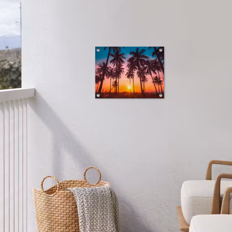 Palmboom - Zonsondergang - Horizon - Strand - Oranje - Roze tuinposter los doek klein -sfeer8