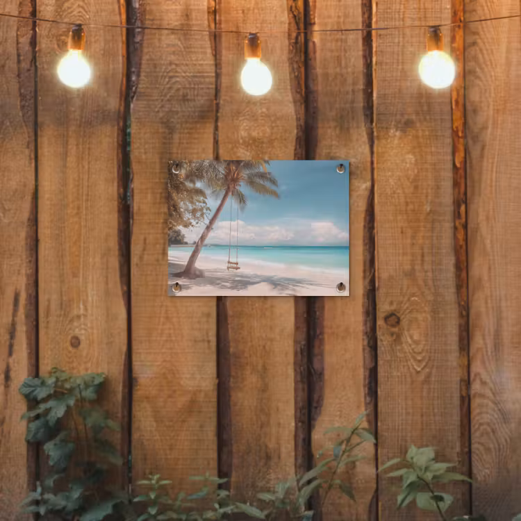 Palmboom - Schommel - Strand - Lucht tuinposter los doek klein -sfeer1