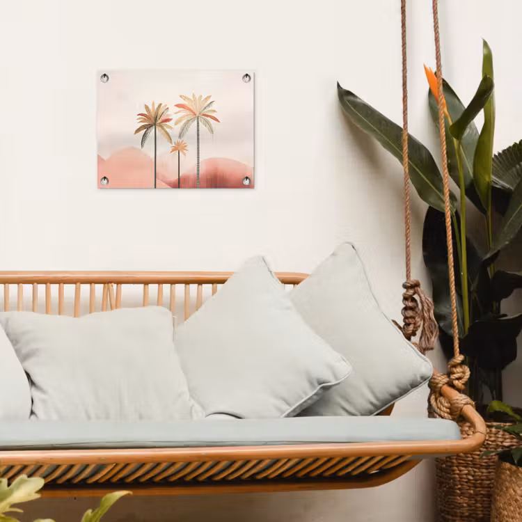 Palmbomen - Heuvels - Minimalistisch - Zachtroze tuinposter los doek klein -sfeer7
