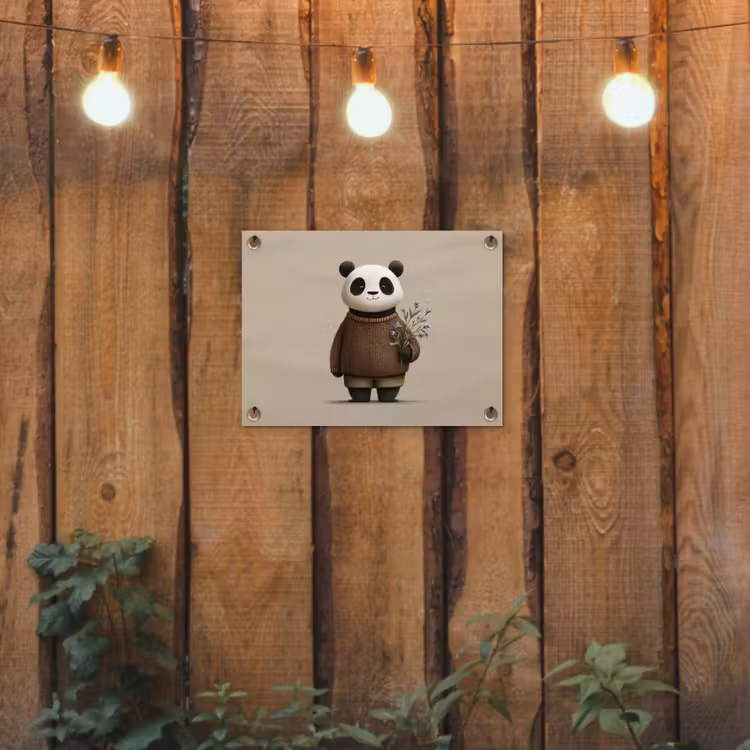 Panda - Blauwe bloemen - Zachtheid tuinposter los doek klein -sfeer1