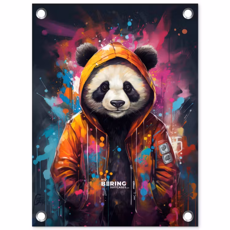 Panda met oranje jas en verfspetters tuinposter los doek klein -3d