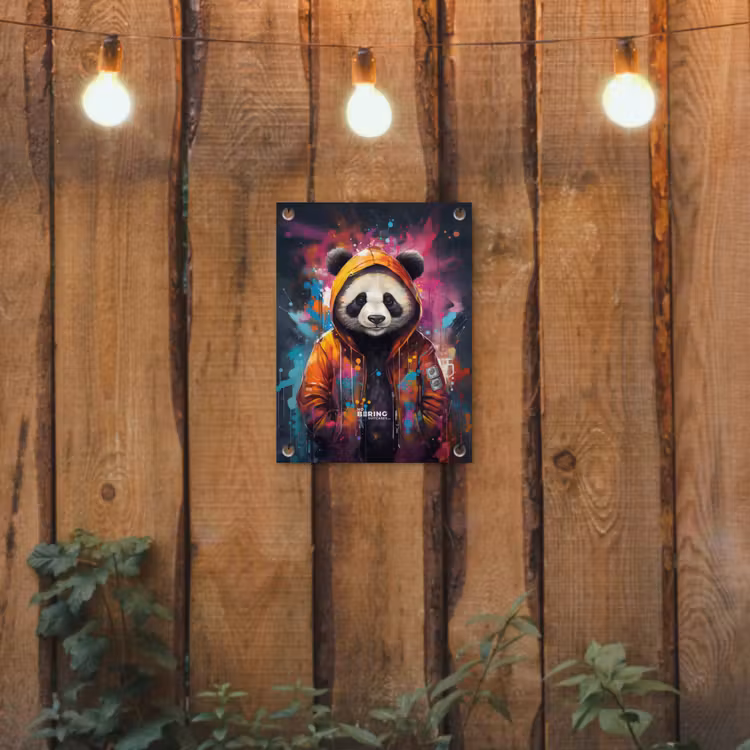 Panda met oranje jas en verfspetters tuinposter los doek klein -sfeer1