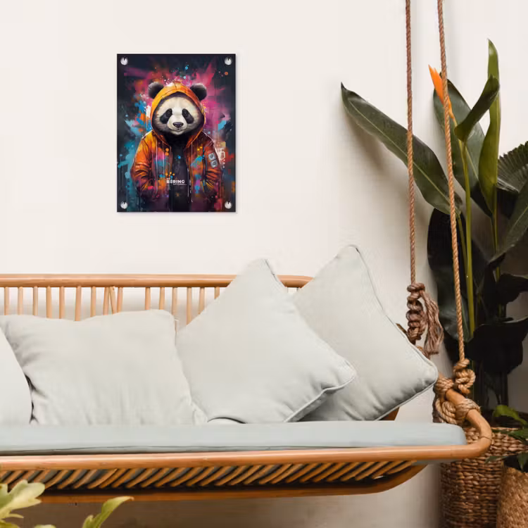 Panda met oranje jas en verfspetters tuinposter los doek klein -sfeer7