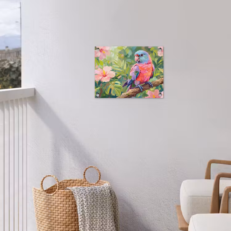 Papagaai - Hibiscusbloemen - Kleurrijk tuinposter los doek klein -sfeer8