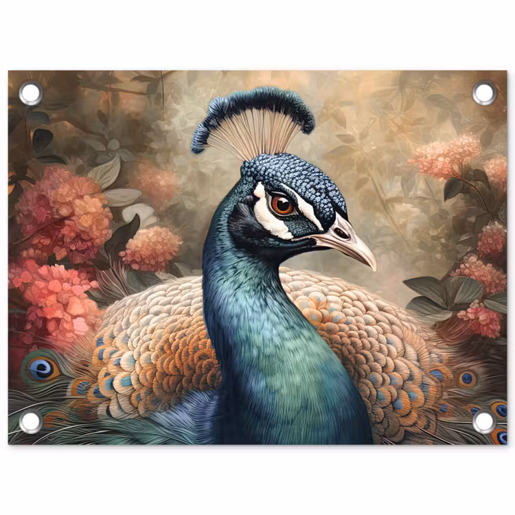 Pauw - Vogel - Bloemen - Planten - Pauwenveren tuinposter los doek klein -3d