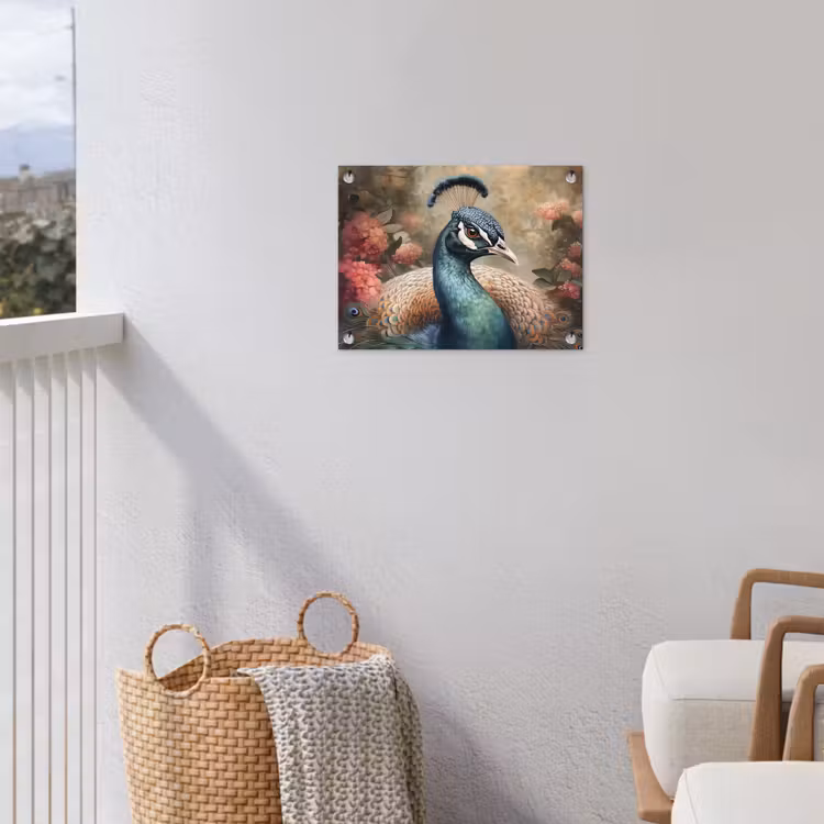 Pauw - Vogel - Bloemen - Planten - Pauwenveren tuinposter los doek klein -sfeer8