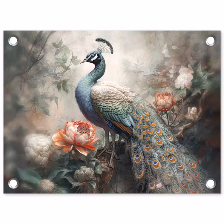 Pauw - Pauwenveren - Vogel - Jungle - Bloemen tuinposter los doek klein -3d