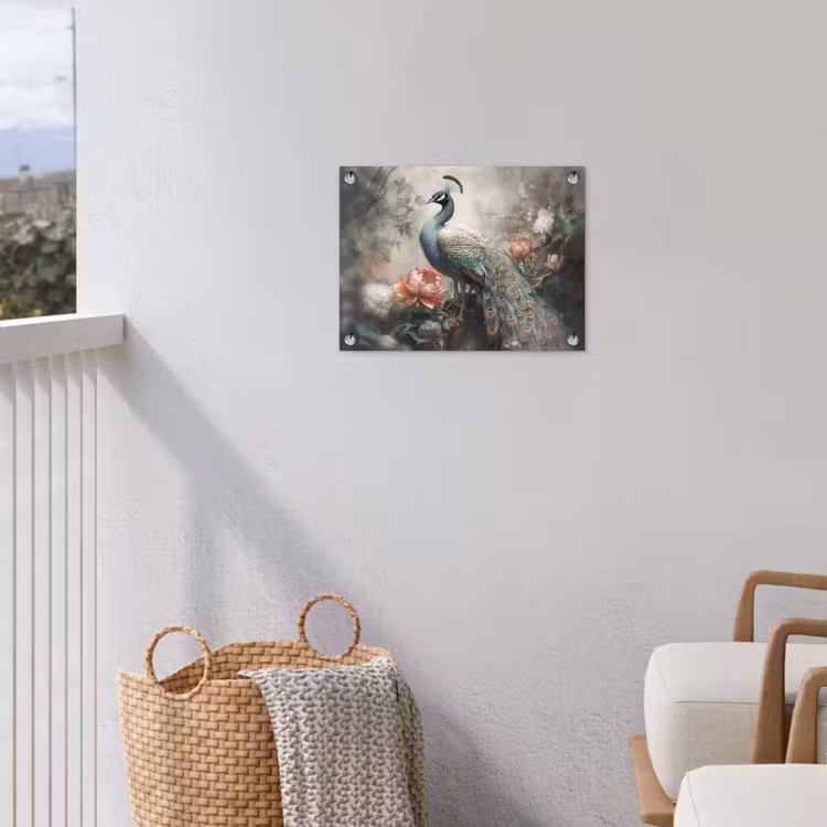 Pauw - Pauwenveren - Vogel - Jungle - Bloemen tuinposter los doek klein -sfeer8