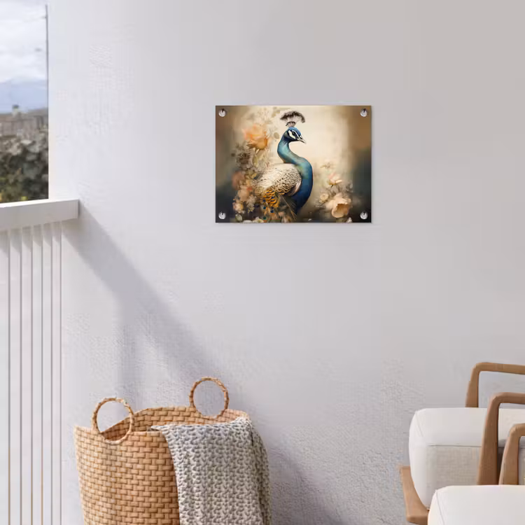 Pauw - Pauwenveren - Bloemen - Vogels - Botanisch tuinposter los doek klein -sfeer8