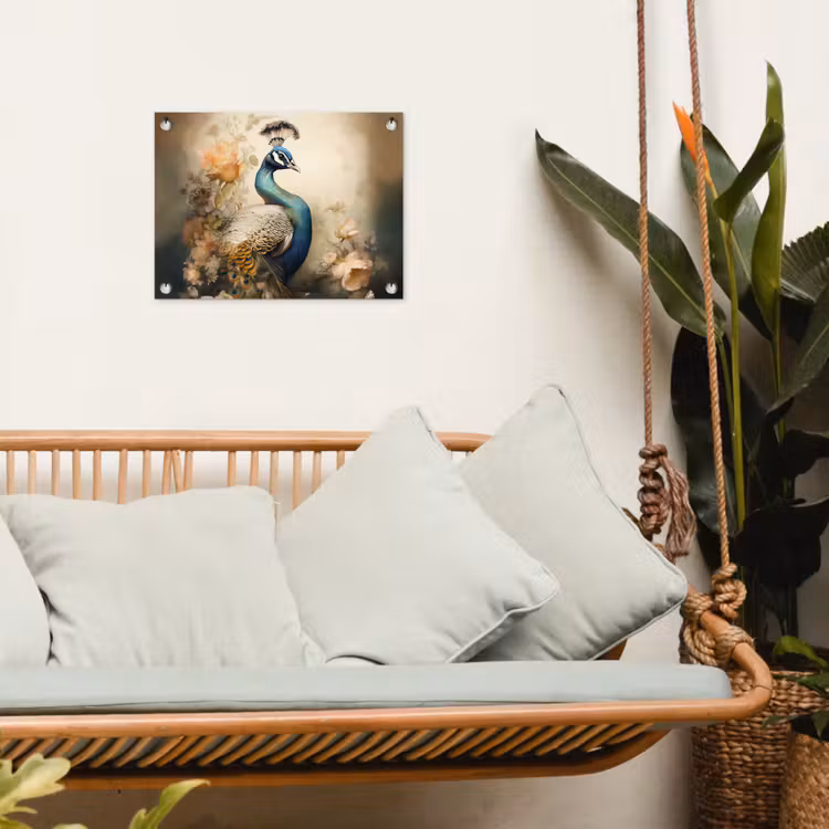 Pauw - Pauwenveren - Bloemen - Vogels - Botanisch tuinposter los doek klein -sfeer7