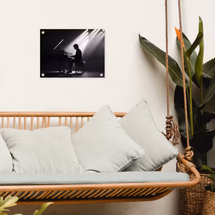 Persoon - Piano - Muziek - Zwart-wit - Podium tuinposter los doek klein -sfeer7