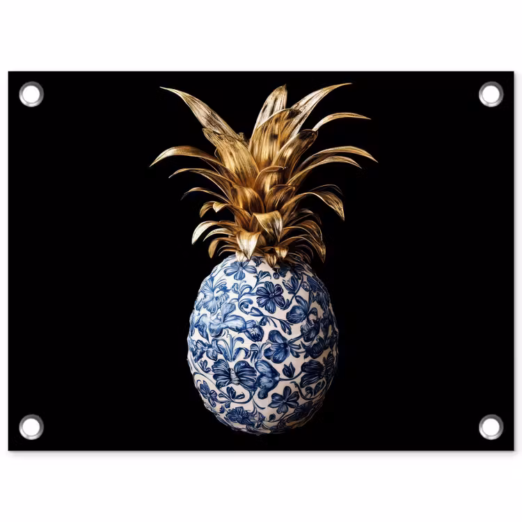 Ananas - Bloemen patroon - Goud - Delftsblauw tuinposter los doek klein -3d