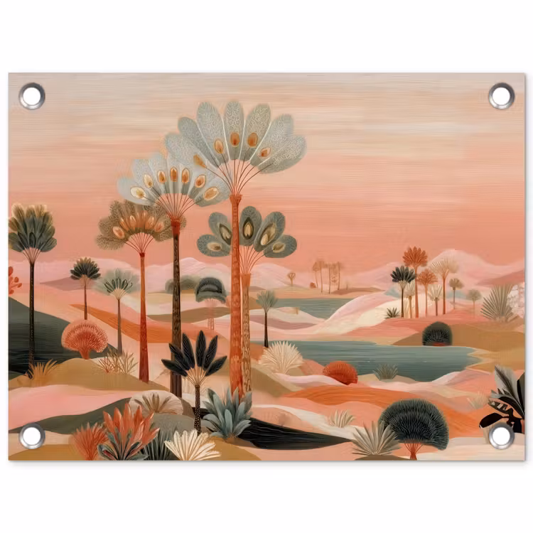 Roze landschap - Palmen - Water tuinposter los doek klein -3d