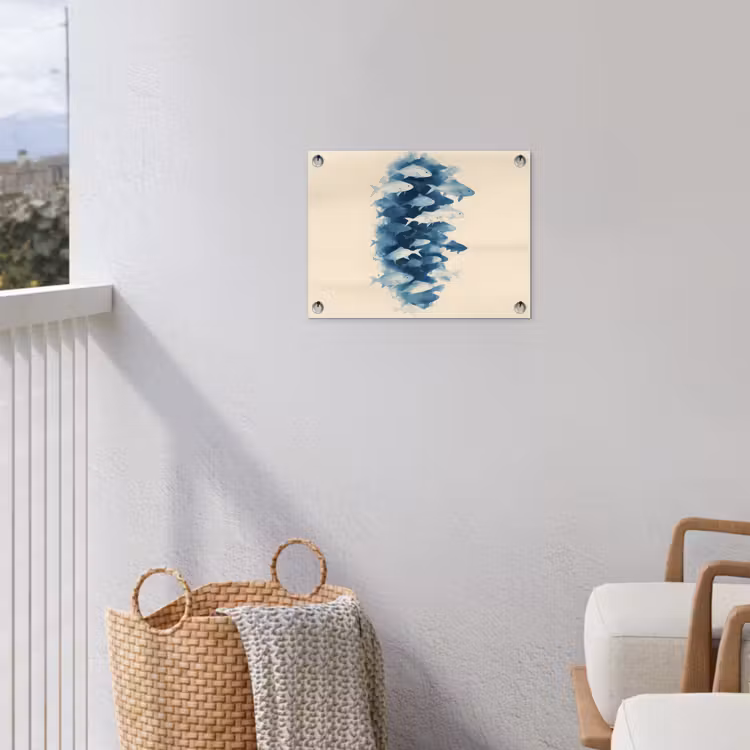 Vissen - Minimalistisch - Blauw tuinposter los doek klein -sfeer8