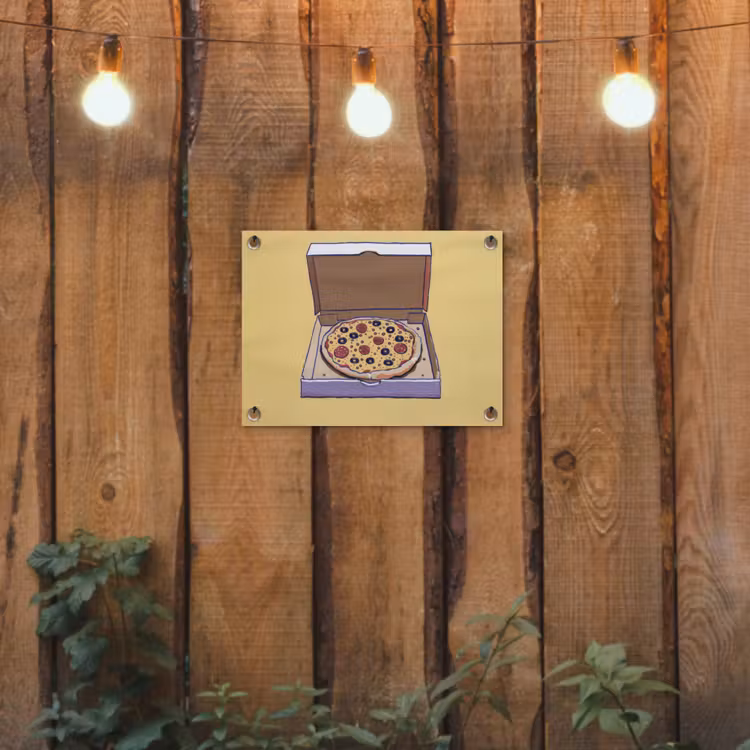Pizza - Doos - Salami - Illustratie tuinposter los doek klein -sfeer1