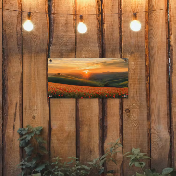 Klaprozen - Bloemen - Heuvels - Zonsondergang tuinposter los doek klein -sfeer1