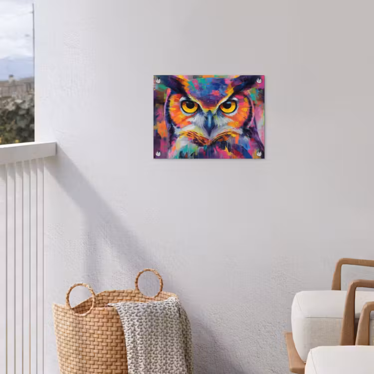 Portret - Uil - Verfstructuur - Paars tuinposter los doek klein -sfeer8