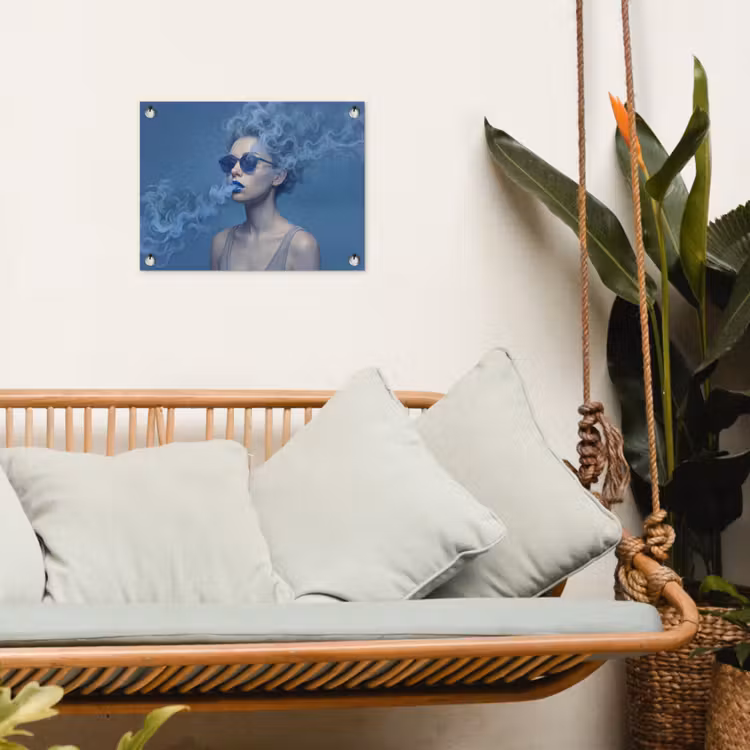 Portret - Zonnebril - Rook - Abstract - Blauw tuinposter los doek klein -sfeer7