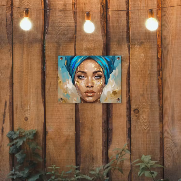 Portret - Vrouw - Schilderij - Blauw - Goud - Expressief tuinposter los doek klein -sfeer1