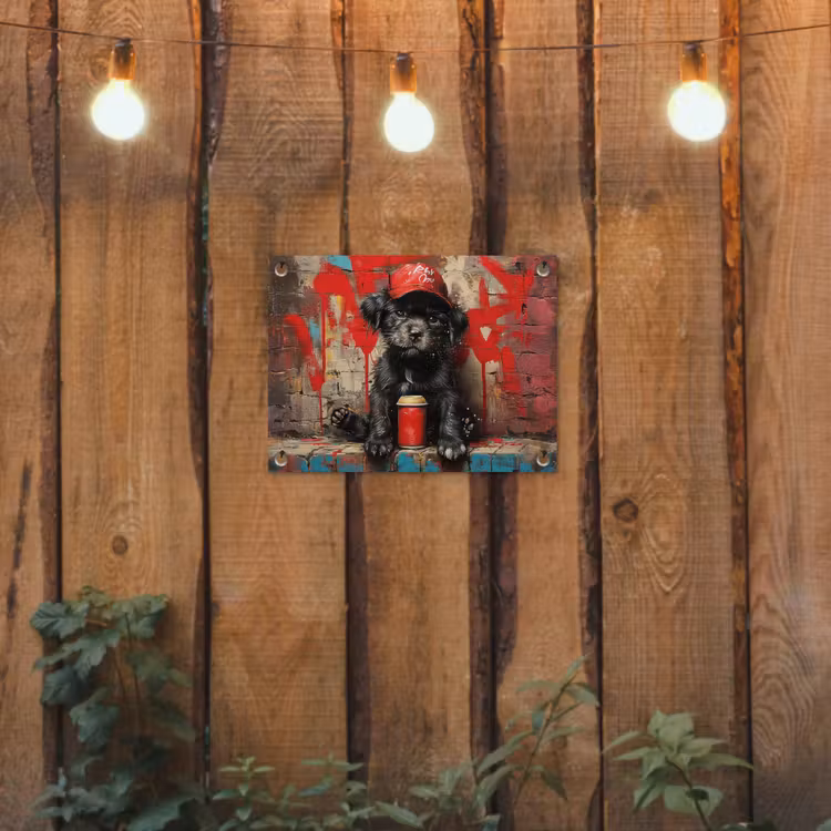 Puppy met Rode Pet en Spuitbus tuinposter los doek klein -sfeer1
