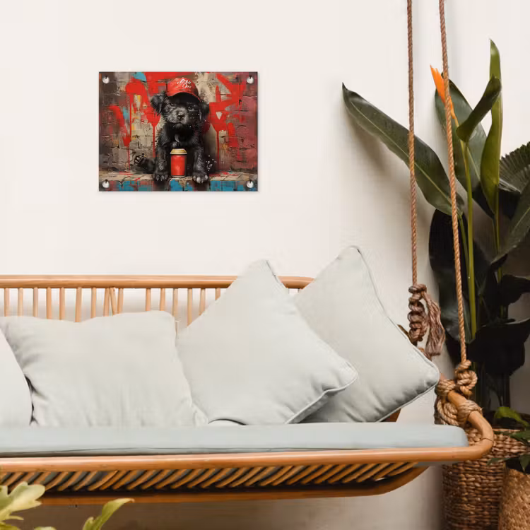 Puppy met Rode Pet en Spuitbus tuinposter los doek klein -sfeer7