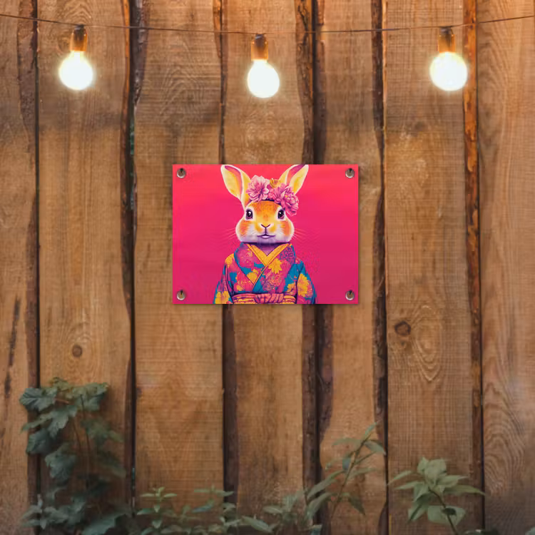 Konijn - Bloemen - Kleurrijk - Kimono tuinposter los doek klein -sfeer1